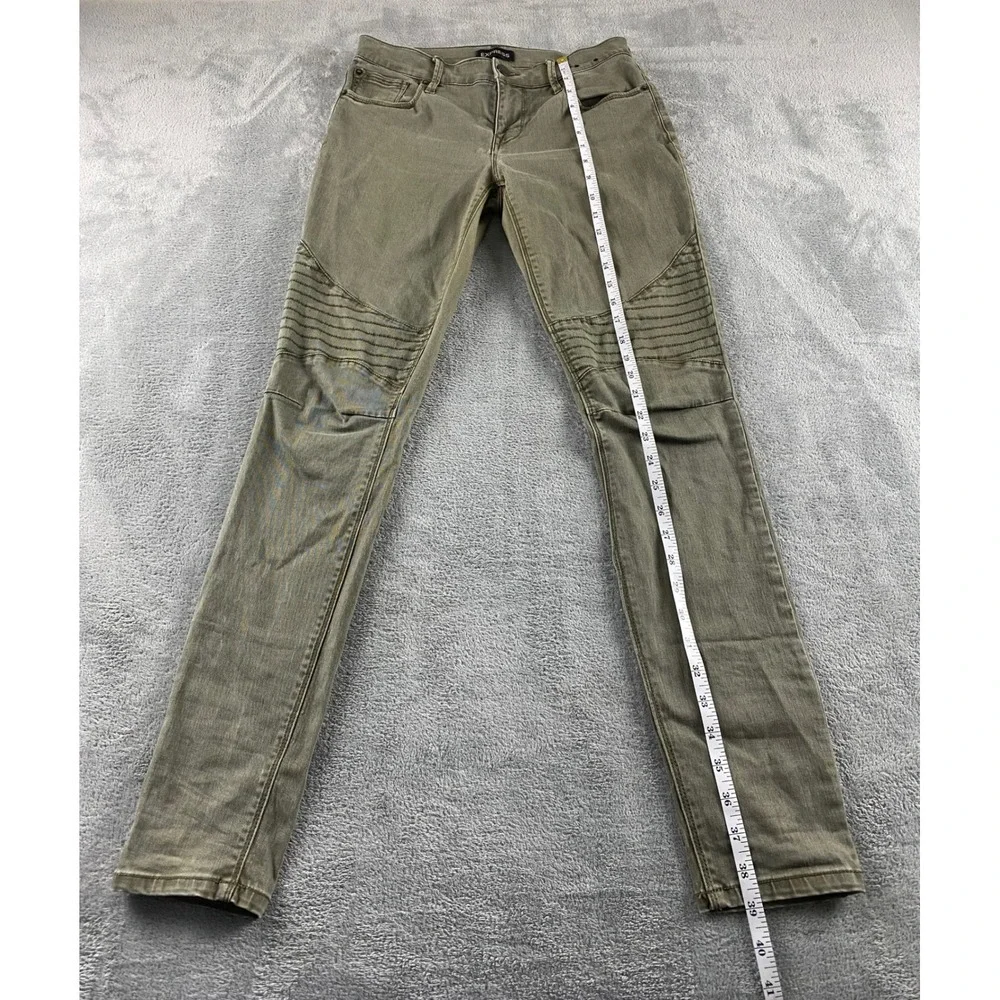 Express‎ Womens Moto Legging Mid Rise Olive Green Skinny Jeans Ribbed Knee Sz 2R
